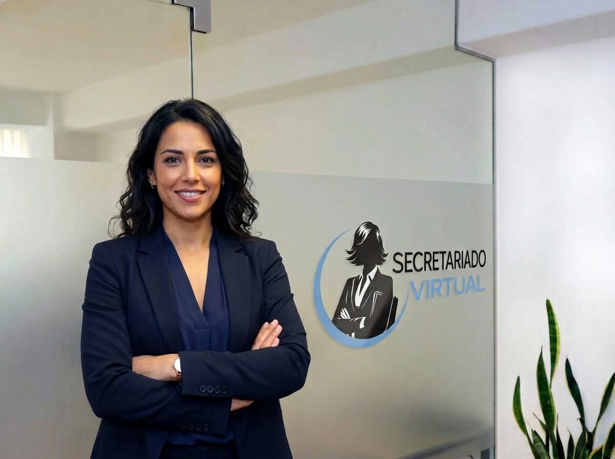 Secretaria virtual sonriendo con los brazos cruzados en la oficina de Secretariado Virtual